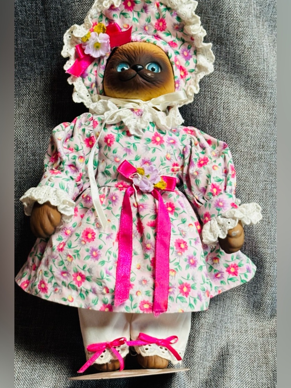 Goebel Cat Doll in Pink Floral Outfit with Green Leaves
